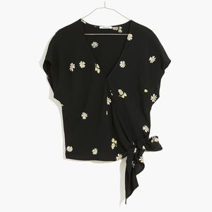 Madewell size small wrap tie black tshirt blouse flower daisies